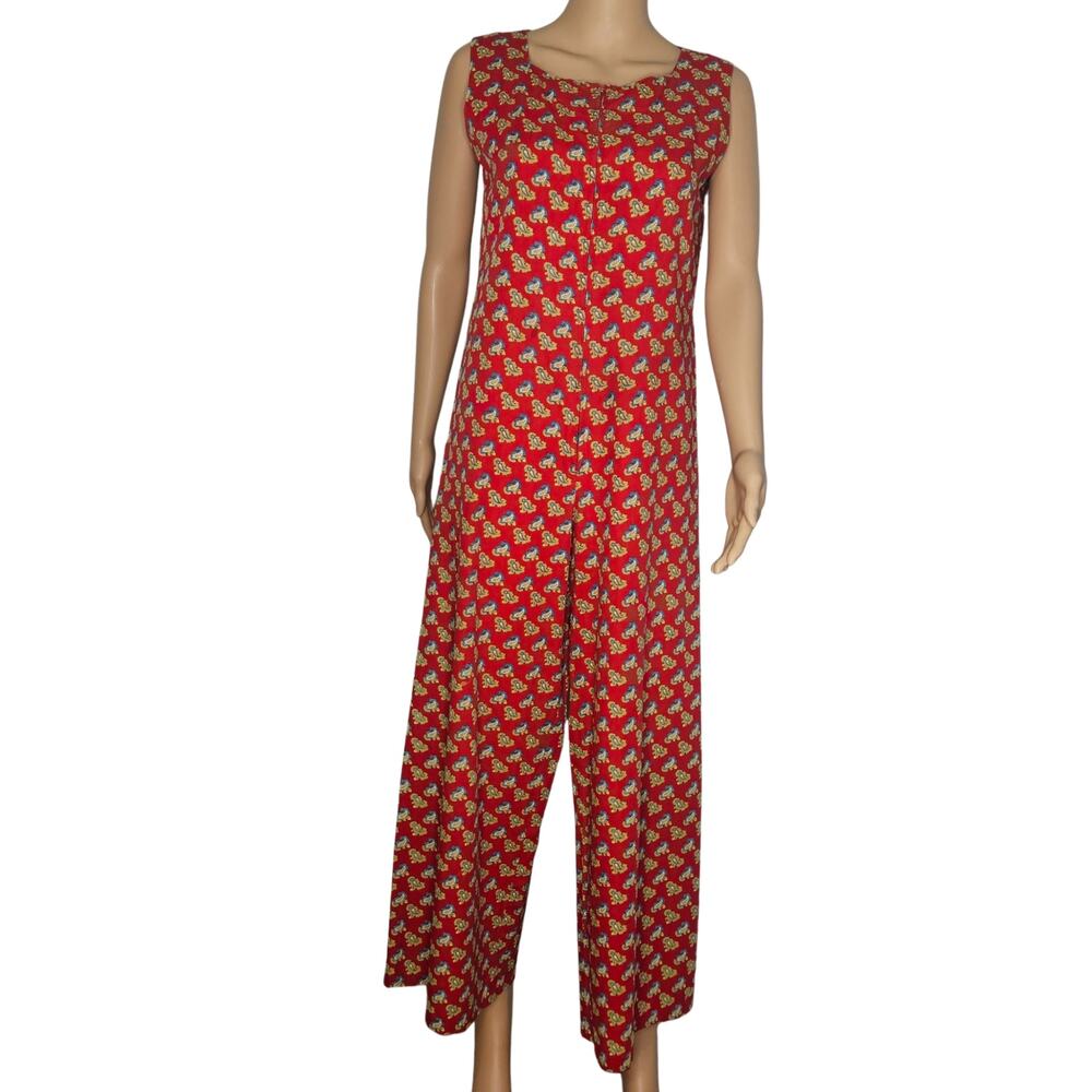1970s Red Fluer De Lis Sleeveless Zip Up Wide Culotte Legs Romper Size Small